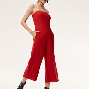 Aritzia Babaton Sz 2 Roshan Red Strapless Cropped Wide Leg Minimalist Jumpsuit